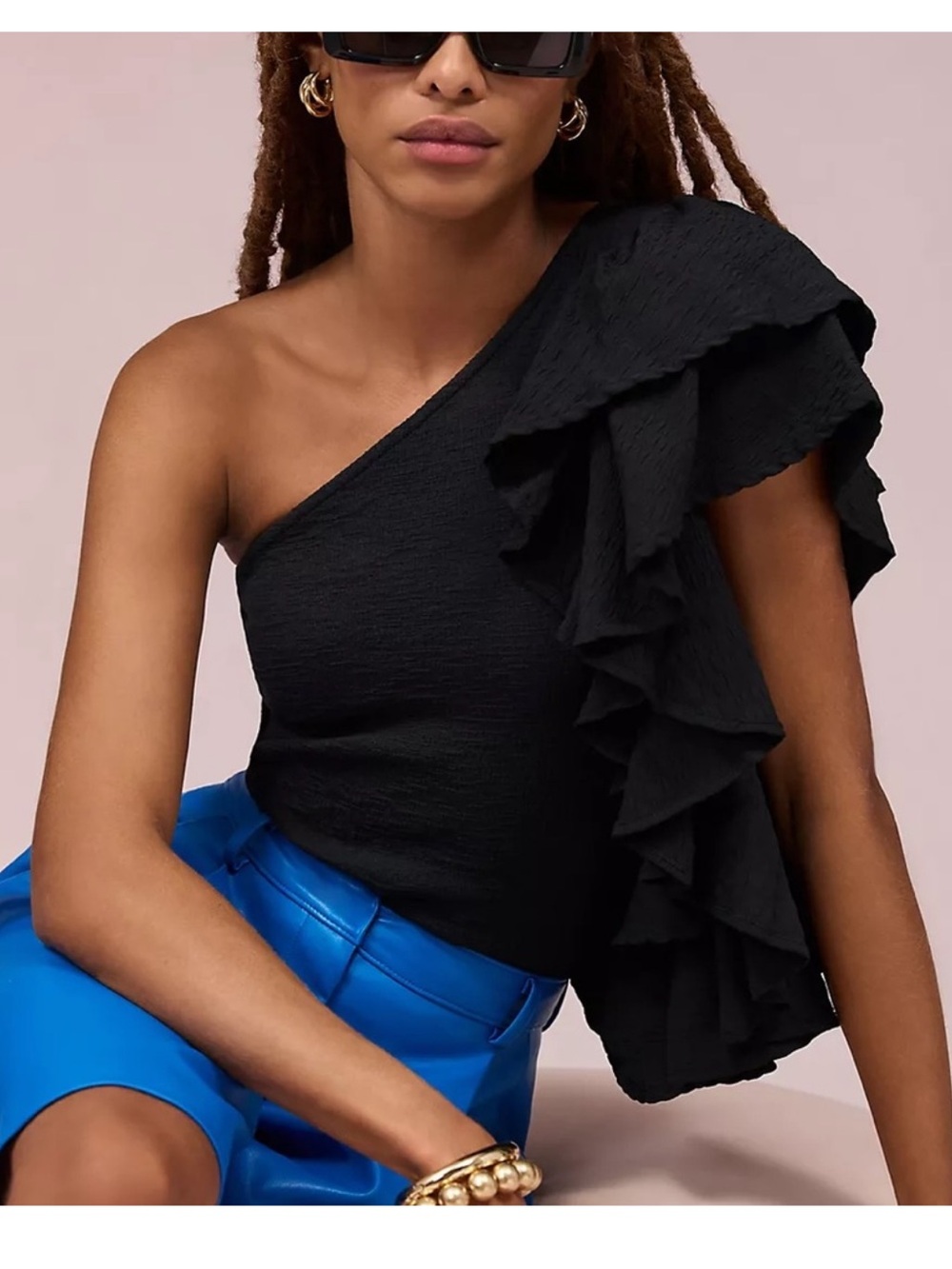Anthropologie Black Ruffle One Shoulder Top - NWT Size: Medium